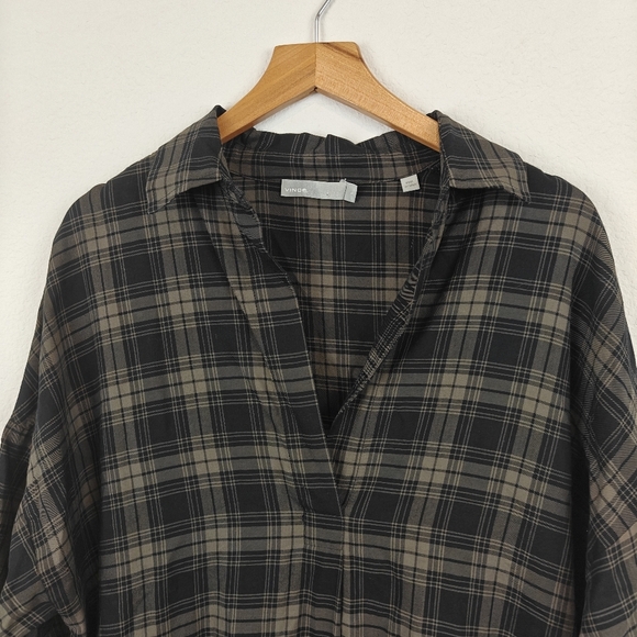 Vince Plaid Easy Pullover Cotton Dress in Military Size Small V-Neck 3/4 Sleeve - Picture 6 of 13
